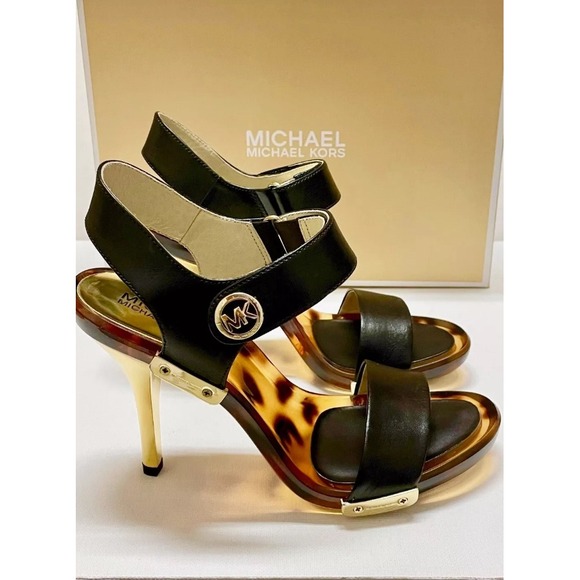 Michael Kors Sandals Heels Tortoise Ankle Strap Gold Accents 7.5 - Picture 1 of 10